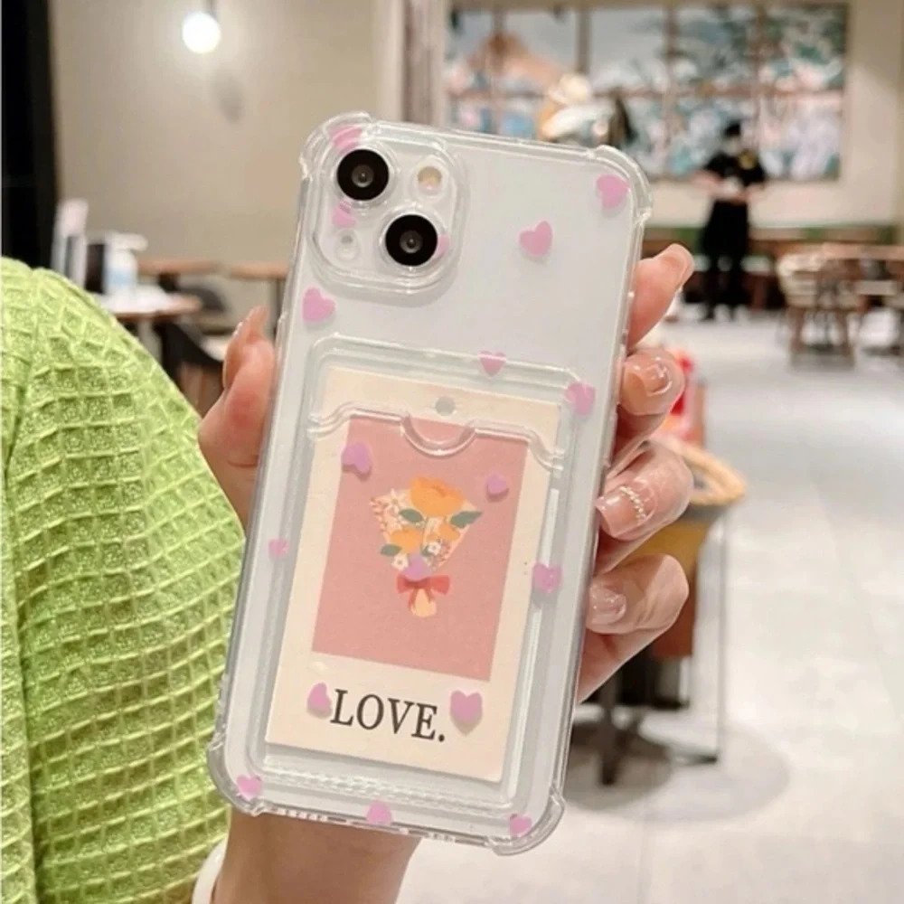 ⚠️Clearance💕iPhone 14/Pro/Pro Max Pink Hearts Phone Case With Card Slot - Picture 1 of 4